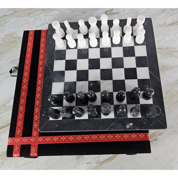 12" Marble Chess set, storage box, black/white, Christmas, Holiday Gift edition - Picture 3 of 16